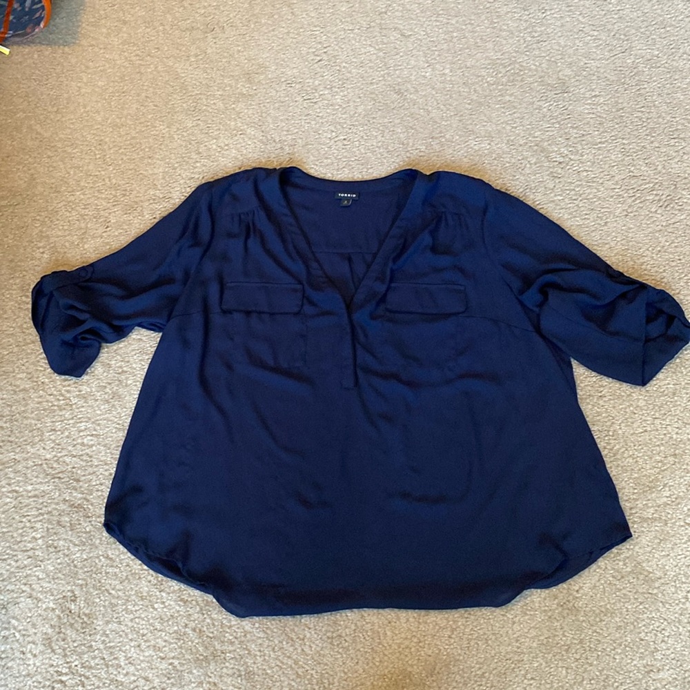 Navy Pocket Blouse with Black Piping